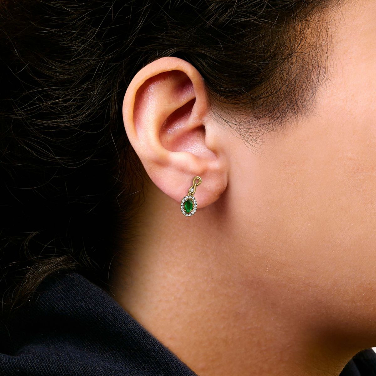 10K Yellow Gold Oval Green Emerald 5x3 mm and 1/7 Ct Diamond Dangle Earrings