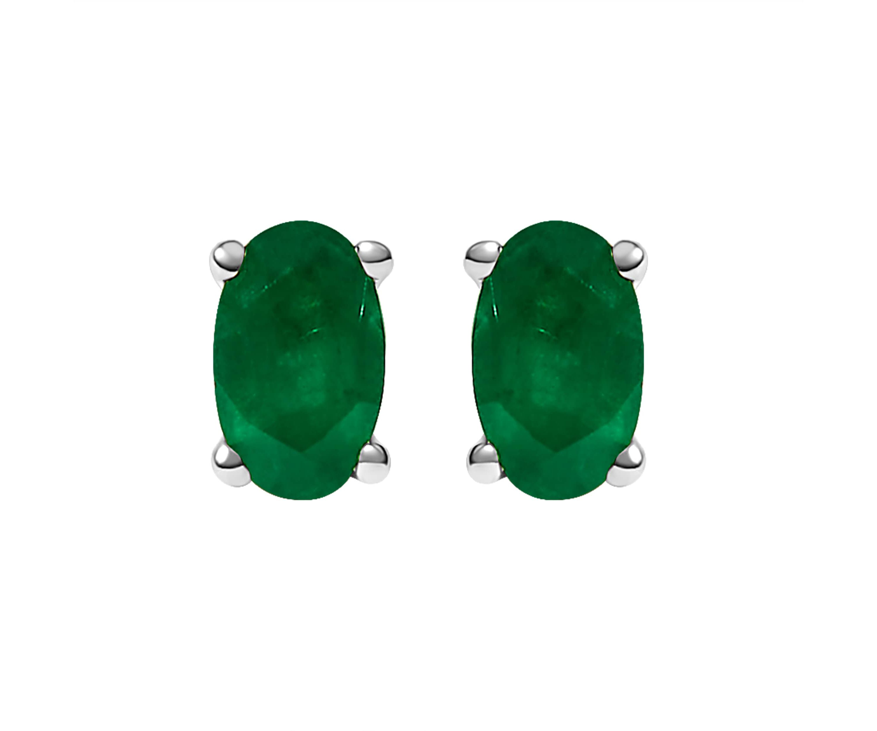 14K White Gold 5x3 MM Oval Green Emerald Solitaire Stud Earrings
