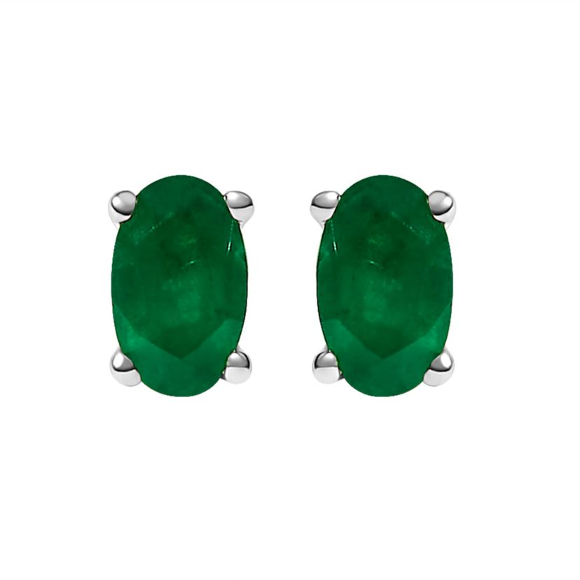 14K White Gold 5x3 MM Oval Green Emerald Solitaire Stud Earrings
