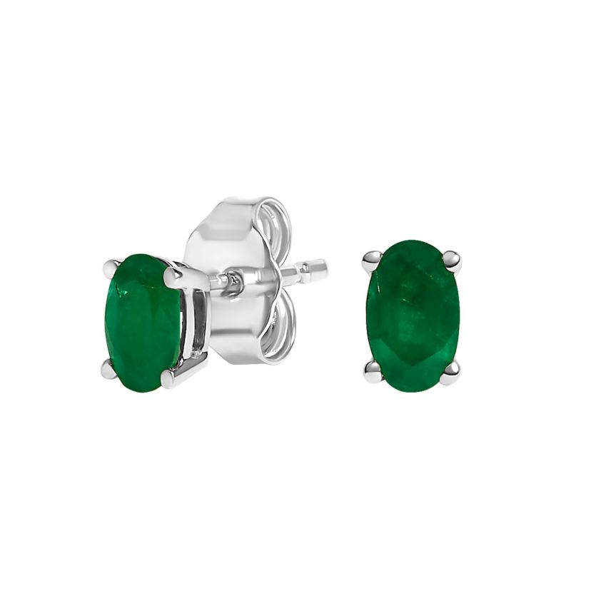 14K White Gold 5x3 MM Oval Green Emerald Solitaire Stud Earrings