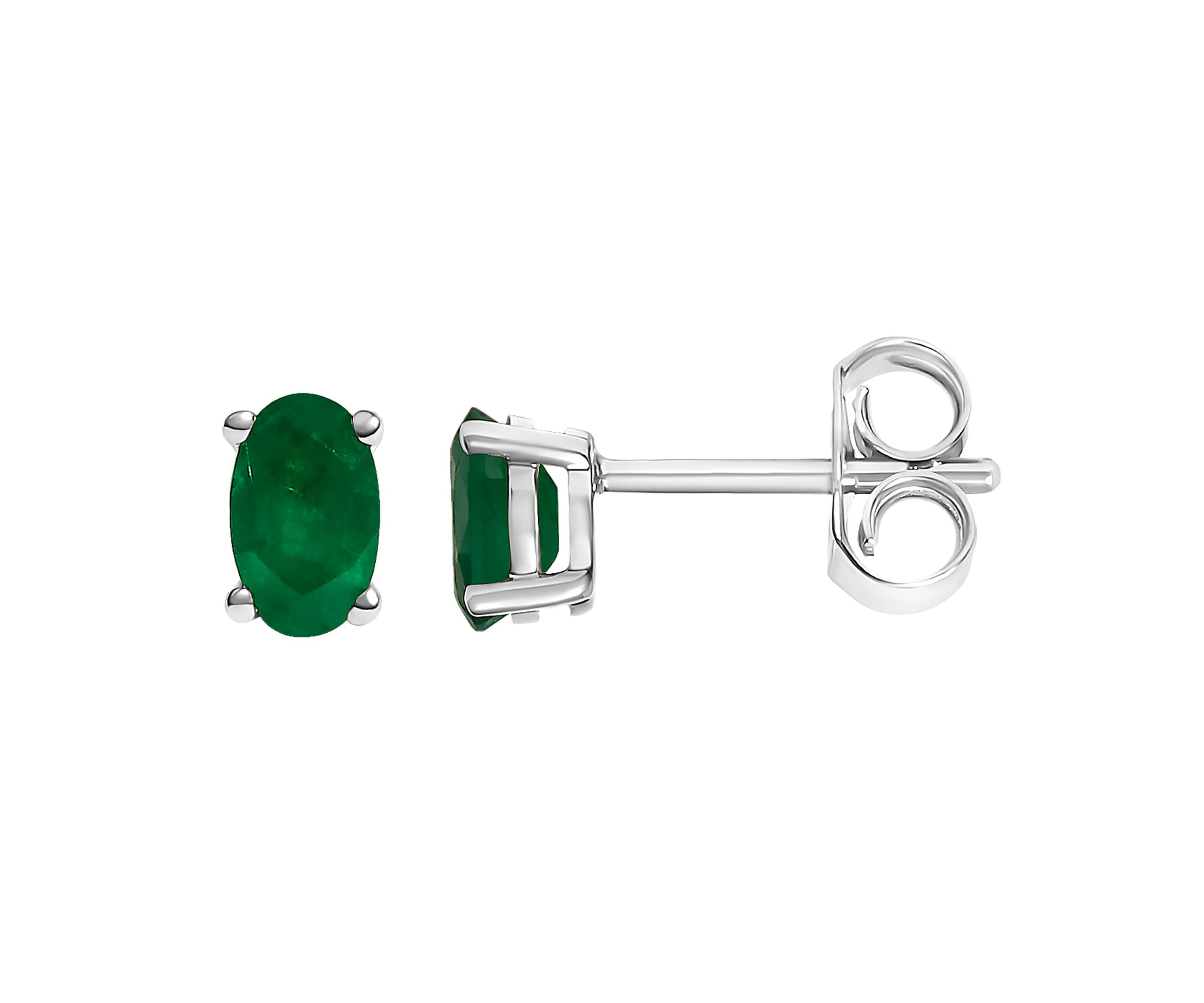 14K White Gold 5x3 MM Oval Green Emerald Solitaire Stud Earrings