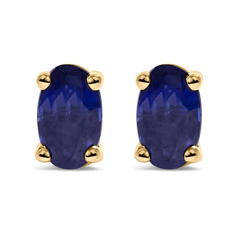 14K Yellow Gold 5x3 MM Oval Blue Sapphire Solitaire Stud Earrings