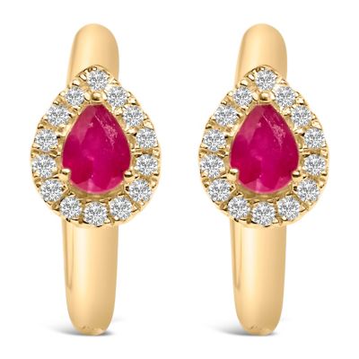 Haus of Brilliance 10K Yellow Gold Pear Red Ruby 4x3 mm and 1/10 Ct Round Diamond Huggy Earrings