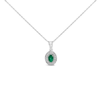 Haus of Brilliance 14K White Gold Oval 6x4 MM Green Emerald and Diamond Halo Pendant Necklace - 18 inch