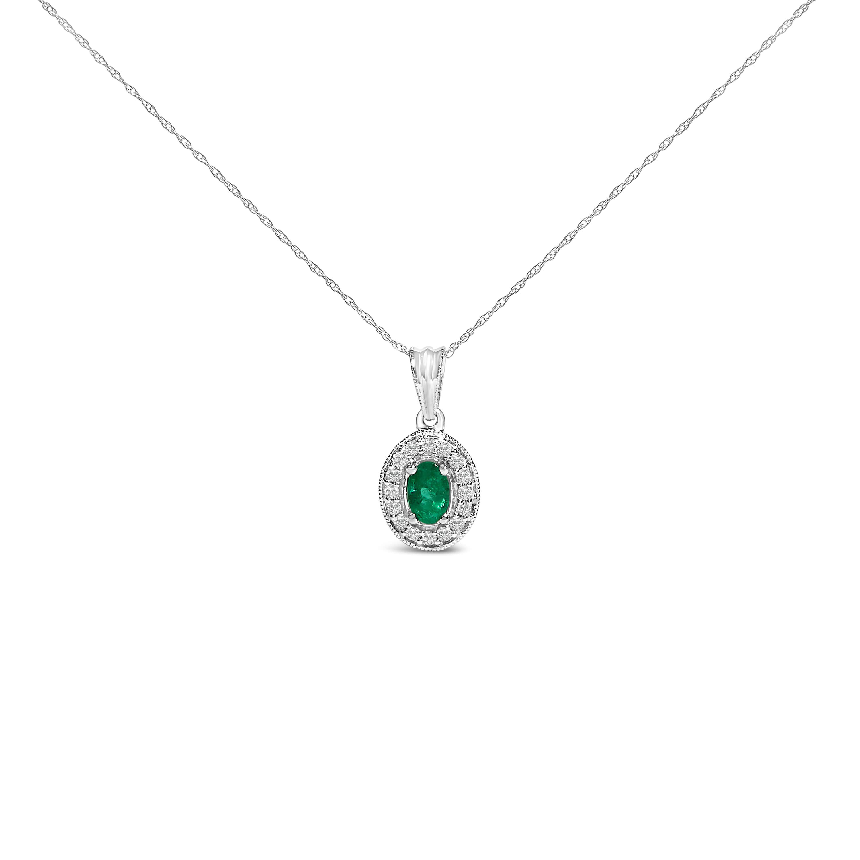 14K White Gold Oval 6x4 MM Green Emerald and Diamond Halo Pendant Necklace - 18 inch