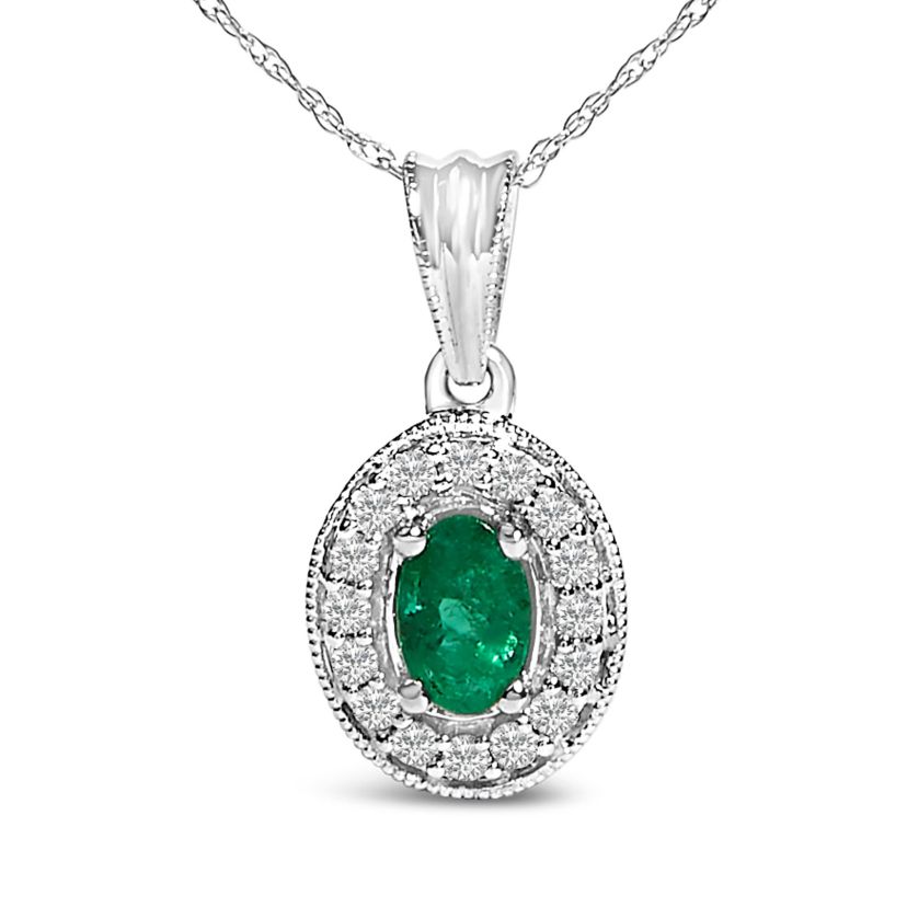 14K White Gold Oval 6x4 MM Green Emerald and Diamond Halo Pendant Necklace - 18 inch