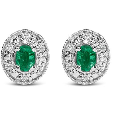 Haus of Brilliance 14K White Gold Oval Green Emerald and 1/10 Ct Diamond Halo Stud Earrings