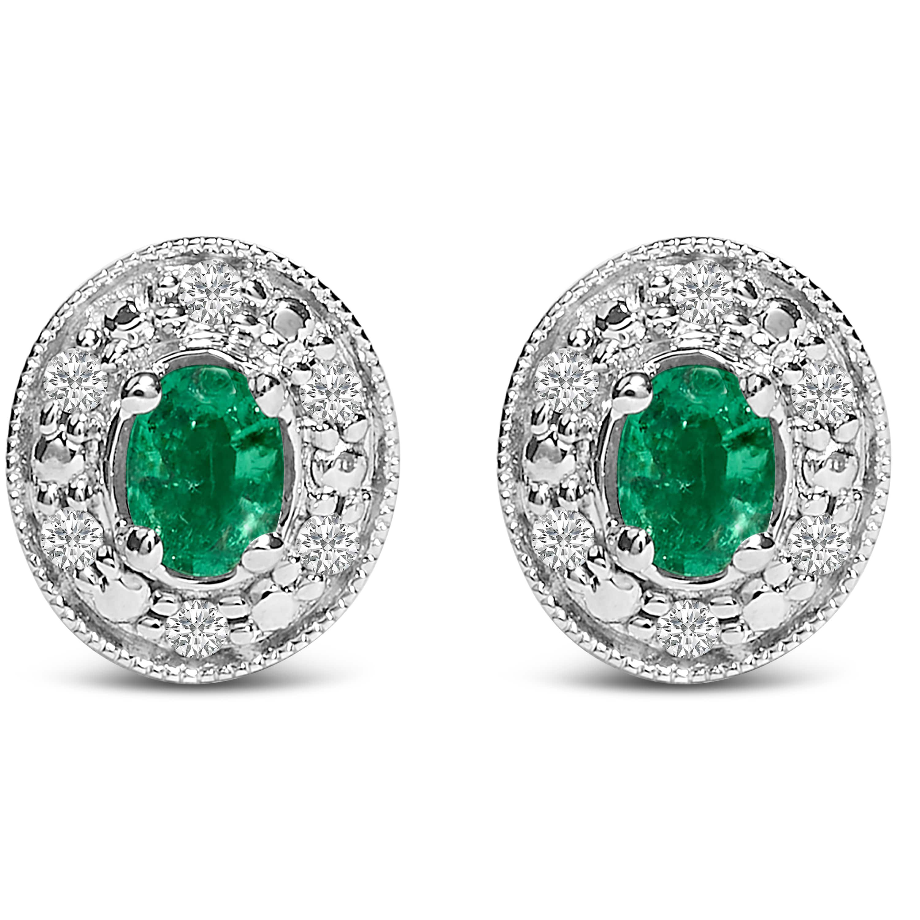 14K White Gold Oval Green Emerald and 1/10 Ct Diamond Halo Stud Earrings