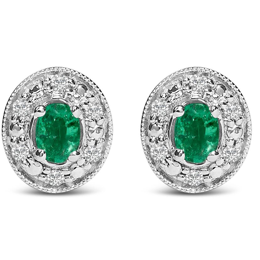 14K White Gold Oval Green Emerald and 1/10 Ct Diamond Halo Stud Earrings
