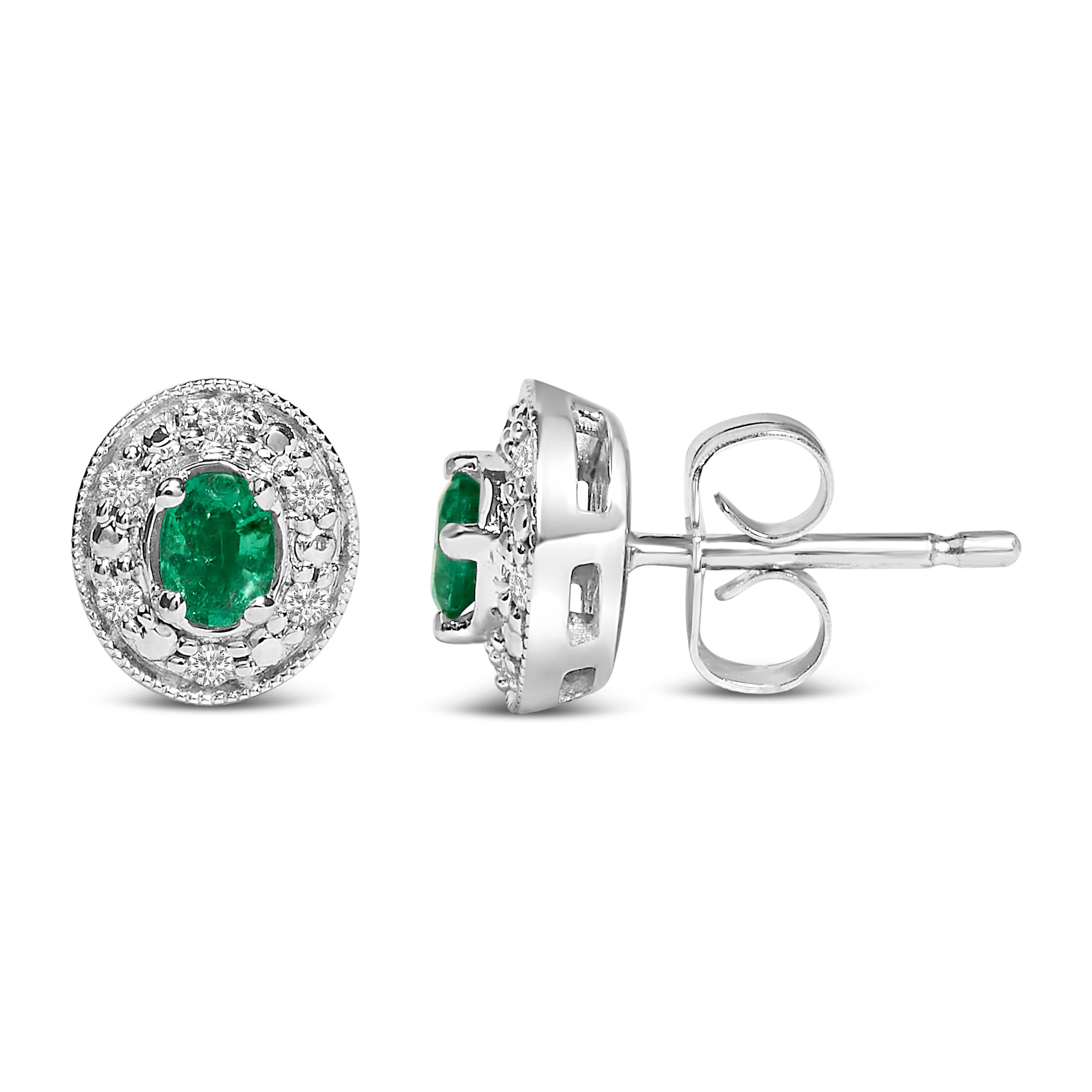 14K White Gold Oval Green Emerald and 1/10 Ct Diamond Halo Stud Earrings