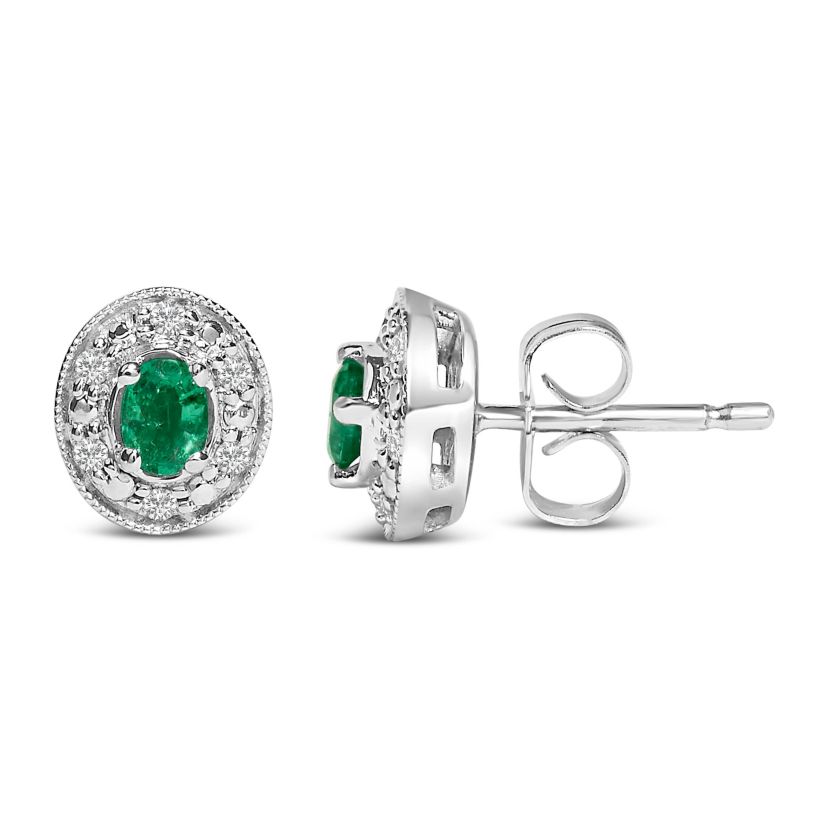 14K White Gold Oval Green Emerald and 1/10 Ct Diamond Halo Stud Earrings