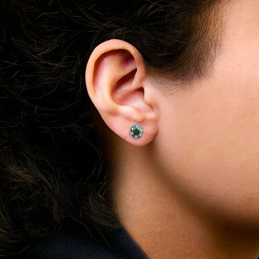 14K White Gold Oval Green Emerald and 1/10 Ct Diamond Halo Stud Earrings