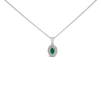 Haus of Brilliance 14K White Gold Oval Green Emerald and Diamond Halo Pendant Necklace - 18" Inches, 18 in