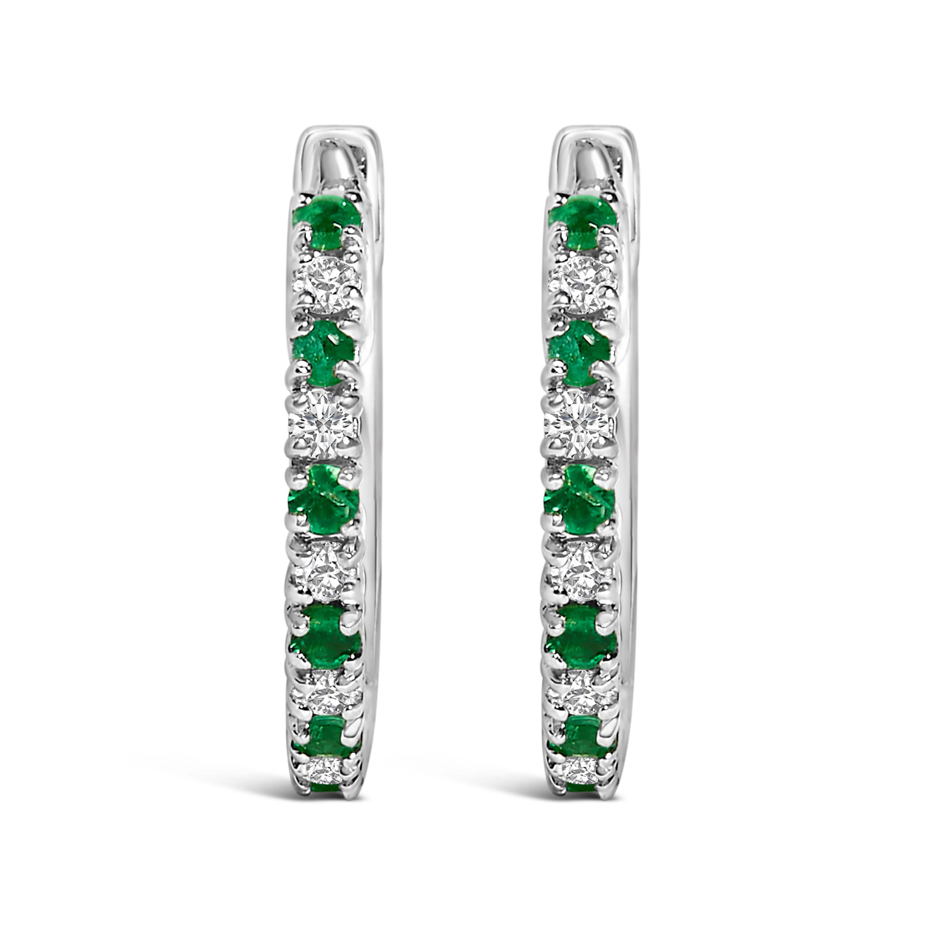 10K White Gold Alternating Emerald 1/10 Ct Diamond Huggy Hoop Earrings
