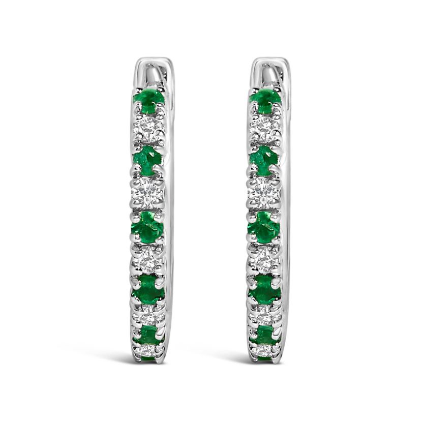 10K White Gold Alternating Emerald 1/10 Ct Diamond Huggy Hoop Earrings