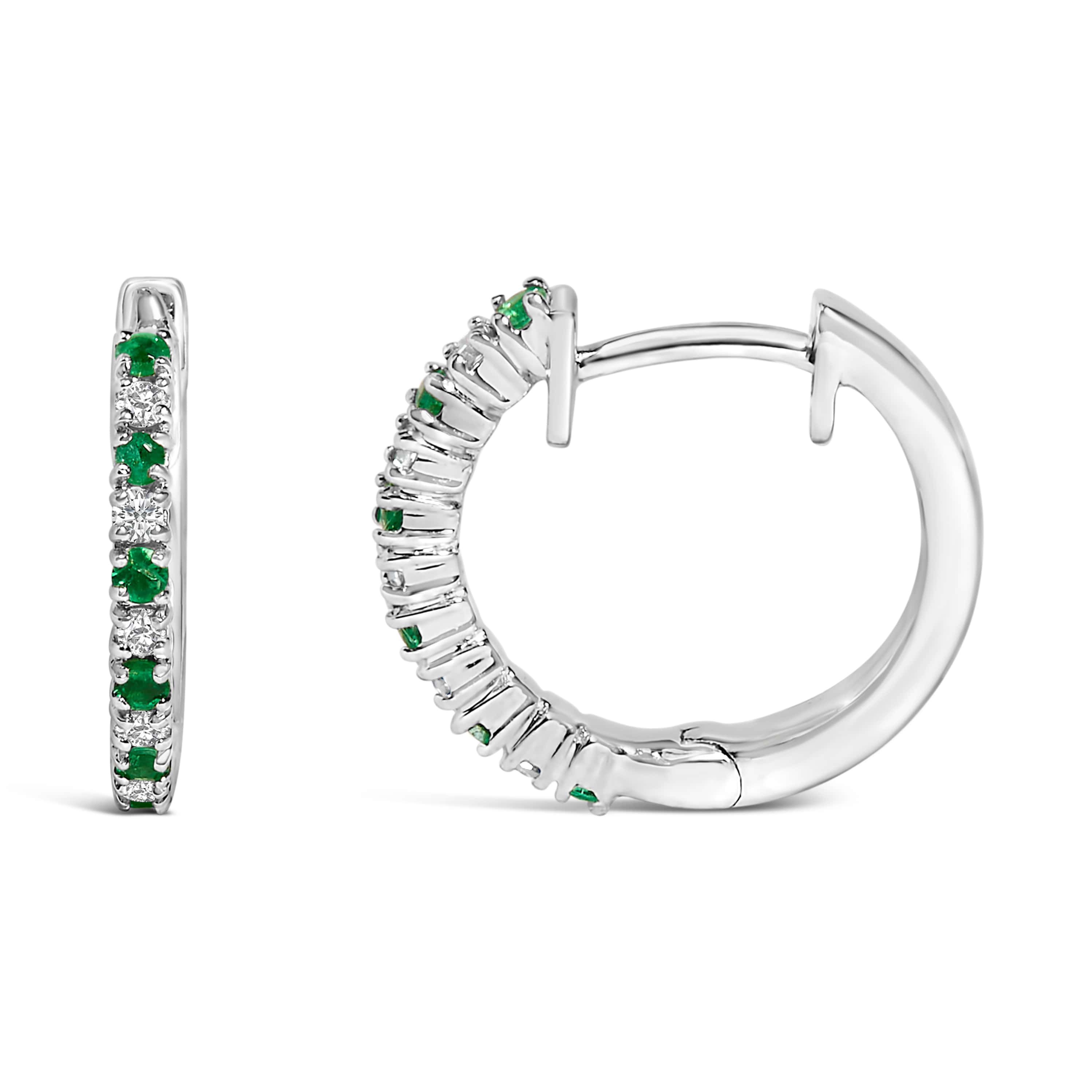 10K White Gold Alternating Emerald 1/10 Ct Diamond Huggy Hoop Earrings