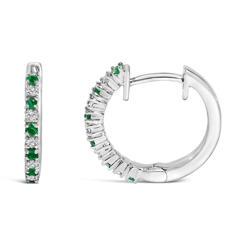 10K White Gold Alternating Emerald 1/10 Ct Diamond Huggy Hoop Earrings