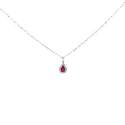 Haus of Brilliance 14K White Gold 6x4 Pear Red Ruby and Diamond Halo Pendant Necklace - 18" Inches