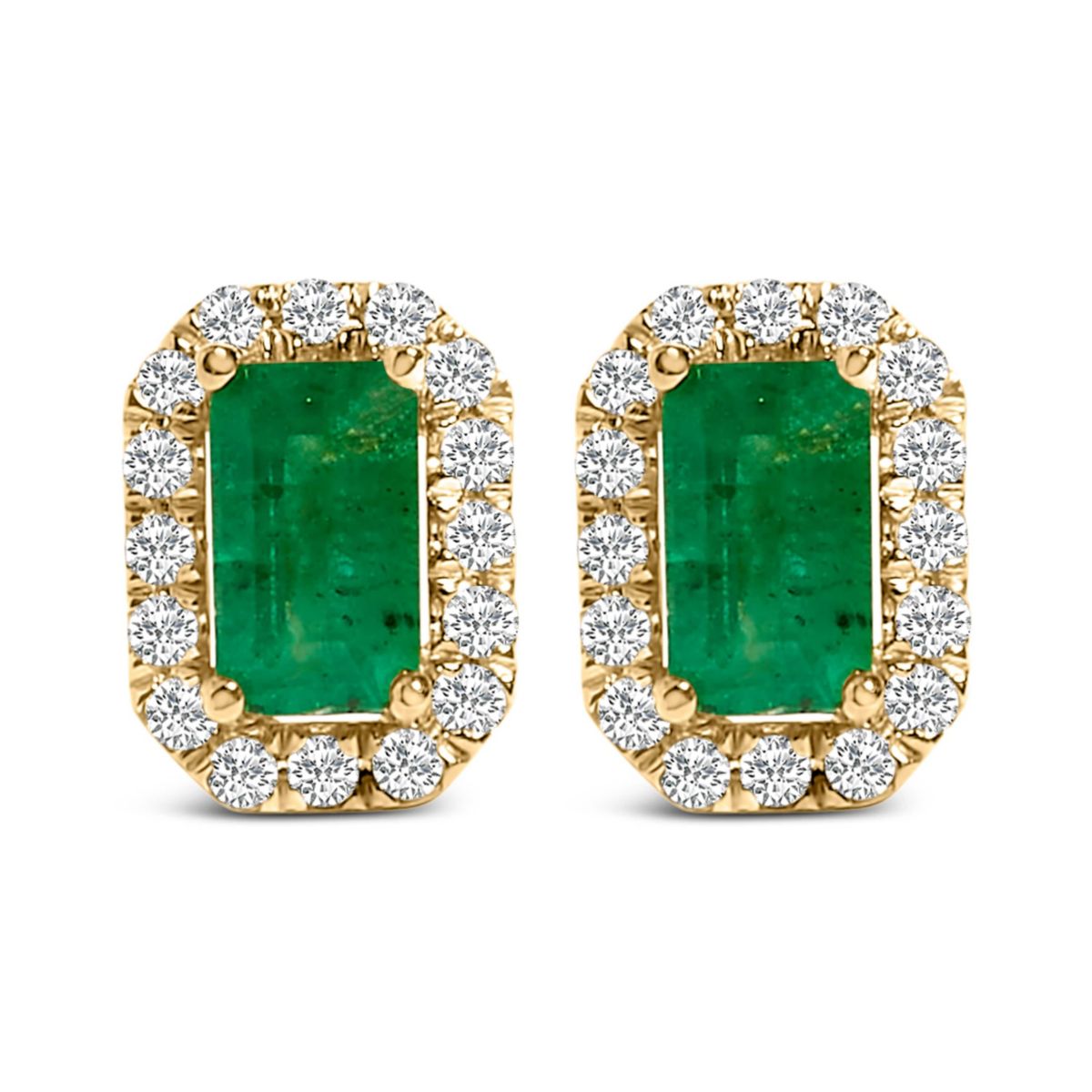 14K Yellow Gold Green Emerald and 1/8 Ct Diamond Halo Octagonal Stud Earrings