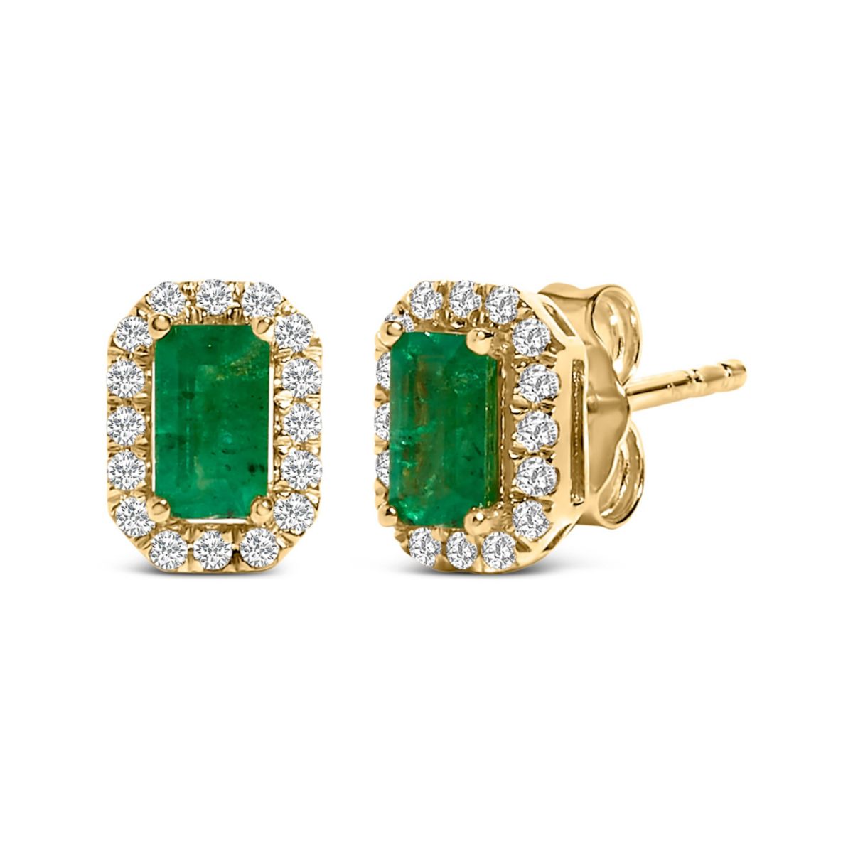 14K Yellow Gold Green Emerald and 1/8 Ct Diamond Halo Octagonal Stud Earrings
