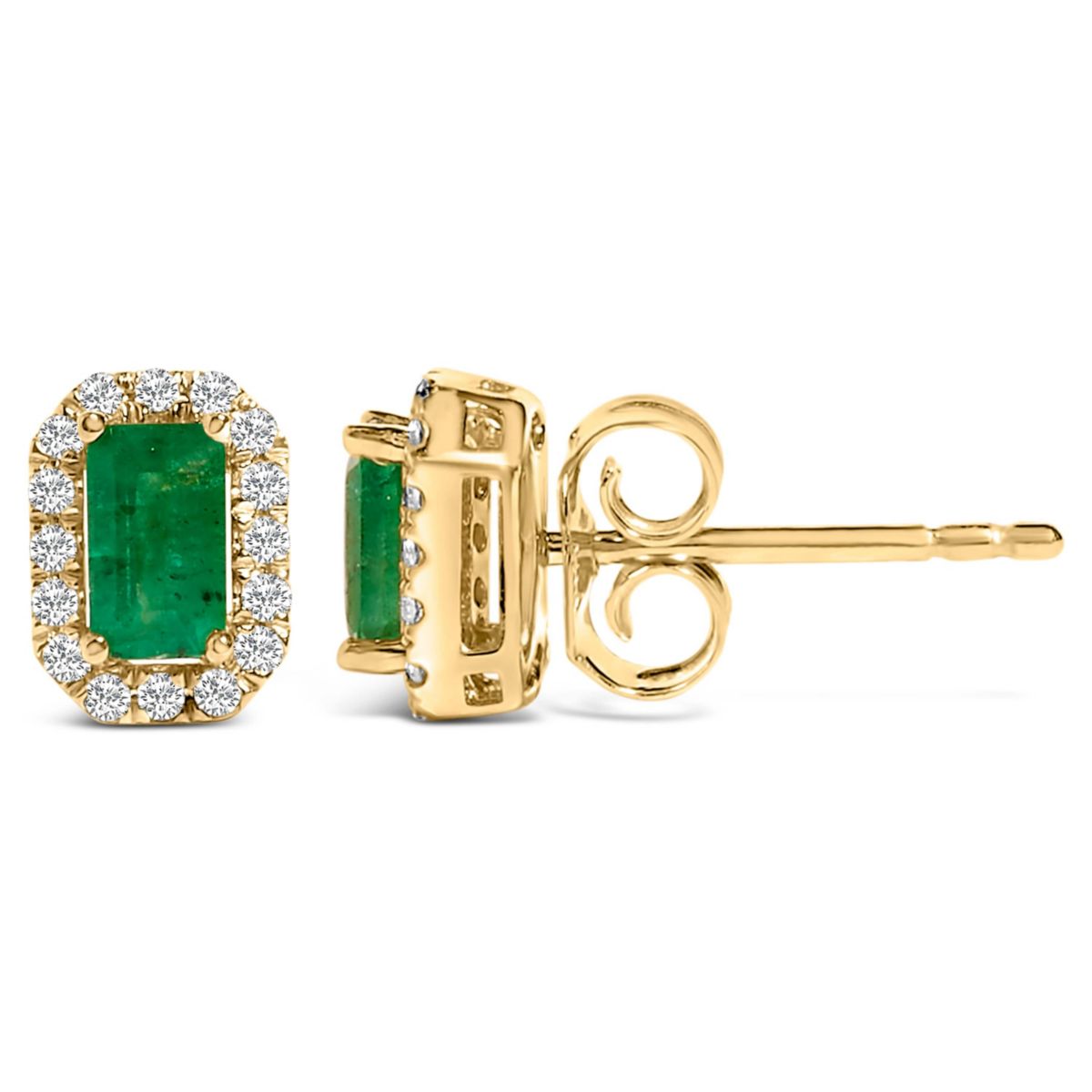 14K Yellow Gold Green Emerald and 1/8 Ct Diamond Halo Octagonal Stud Earrings