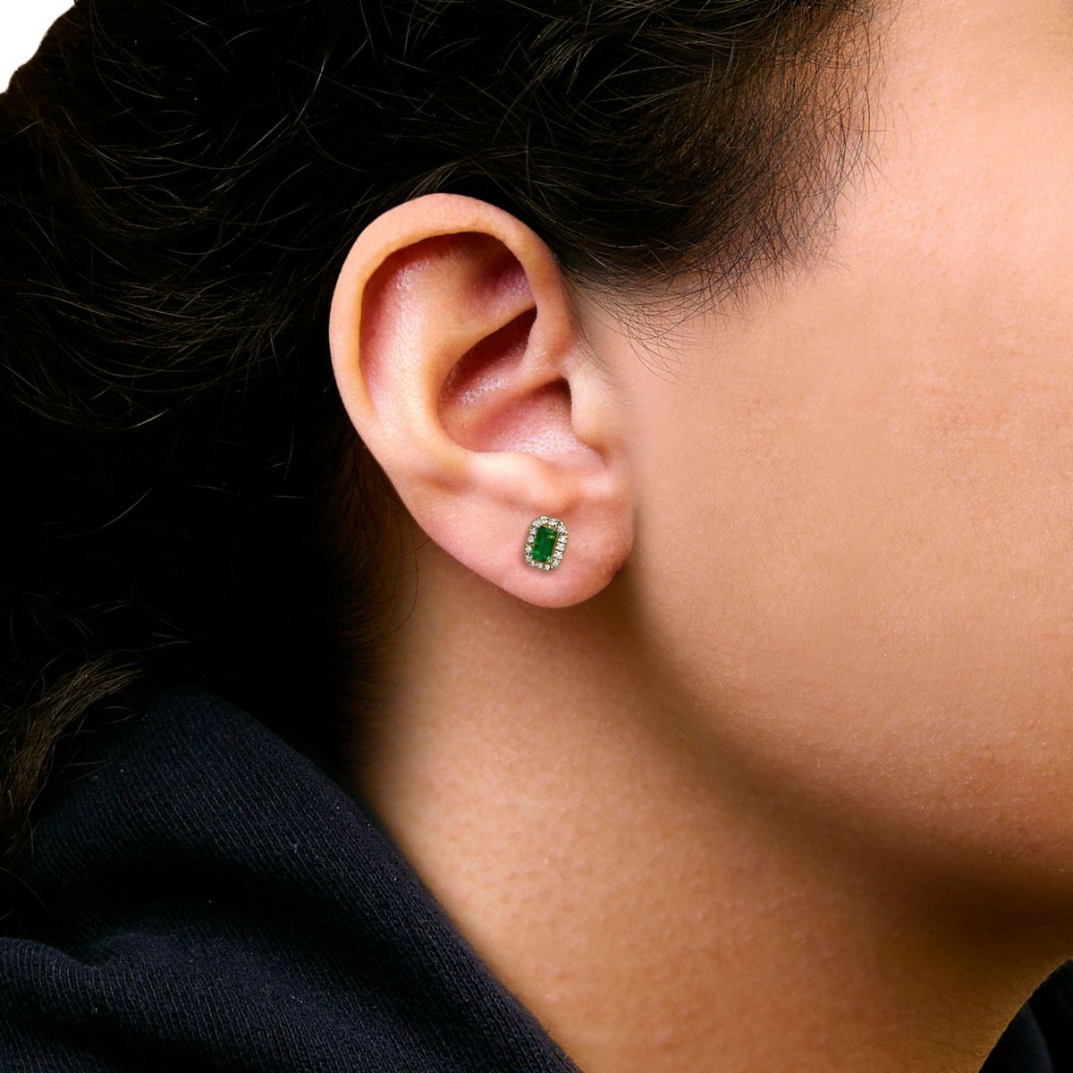 14K Yellow Gold Green Emerald and 1/8 Ct Diamond Halo Octagonal Stud Earrings