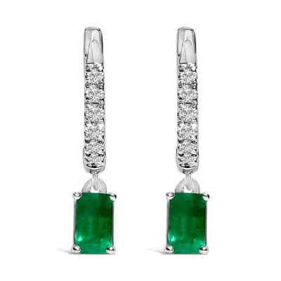 Haus of Brilliance 10K White Gold Oval Green Emerald and 1/8 Ct Diamond Drop Earrings
