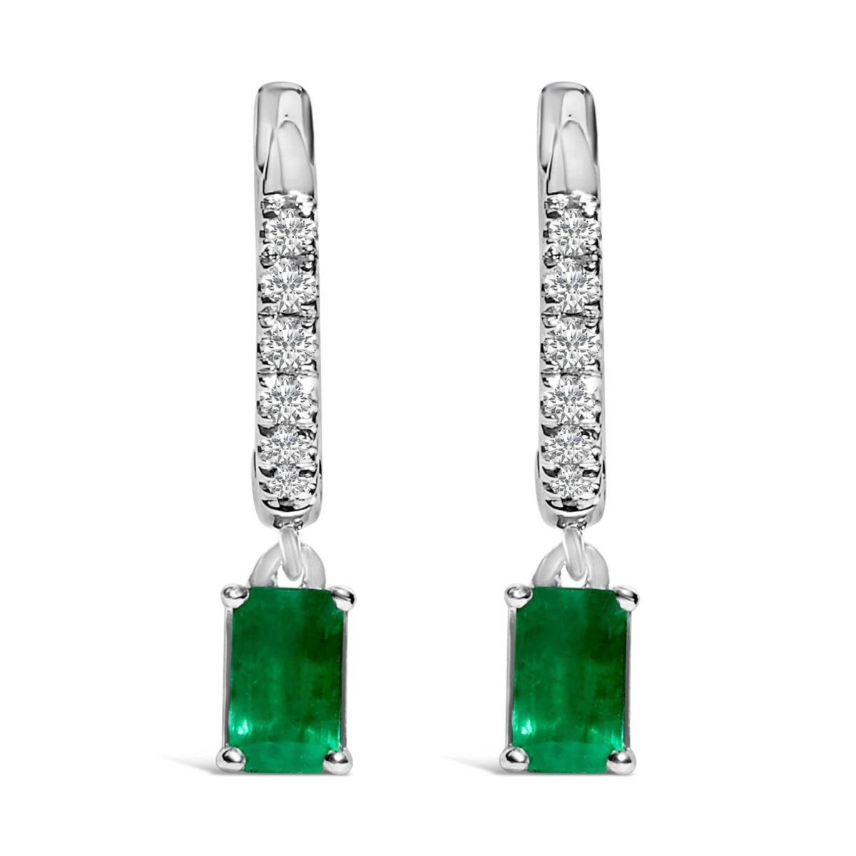 10K White Gold Oval Green Emerald and 1/8 Ct Diamond Drop Earrings