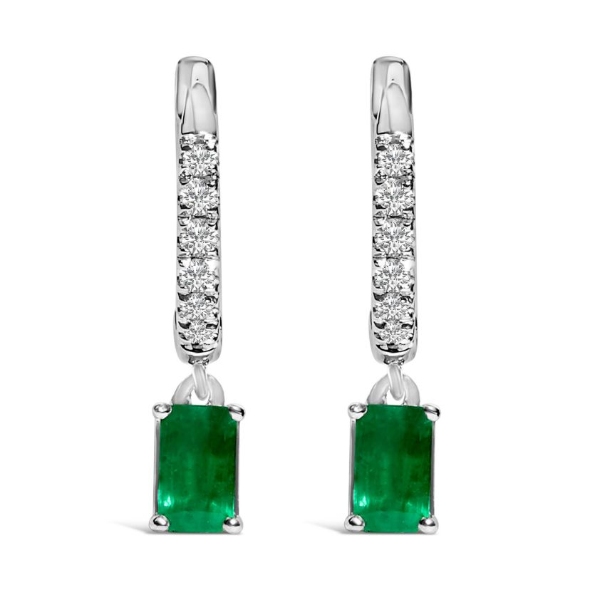 10K White Gold Oval Green Emerald and 1/8 Ct Diamond Drop Earrings