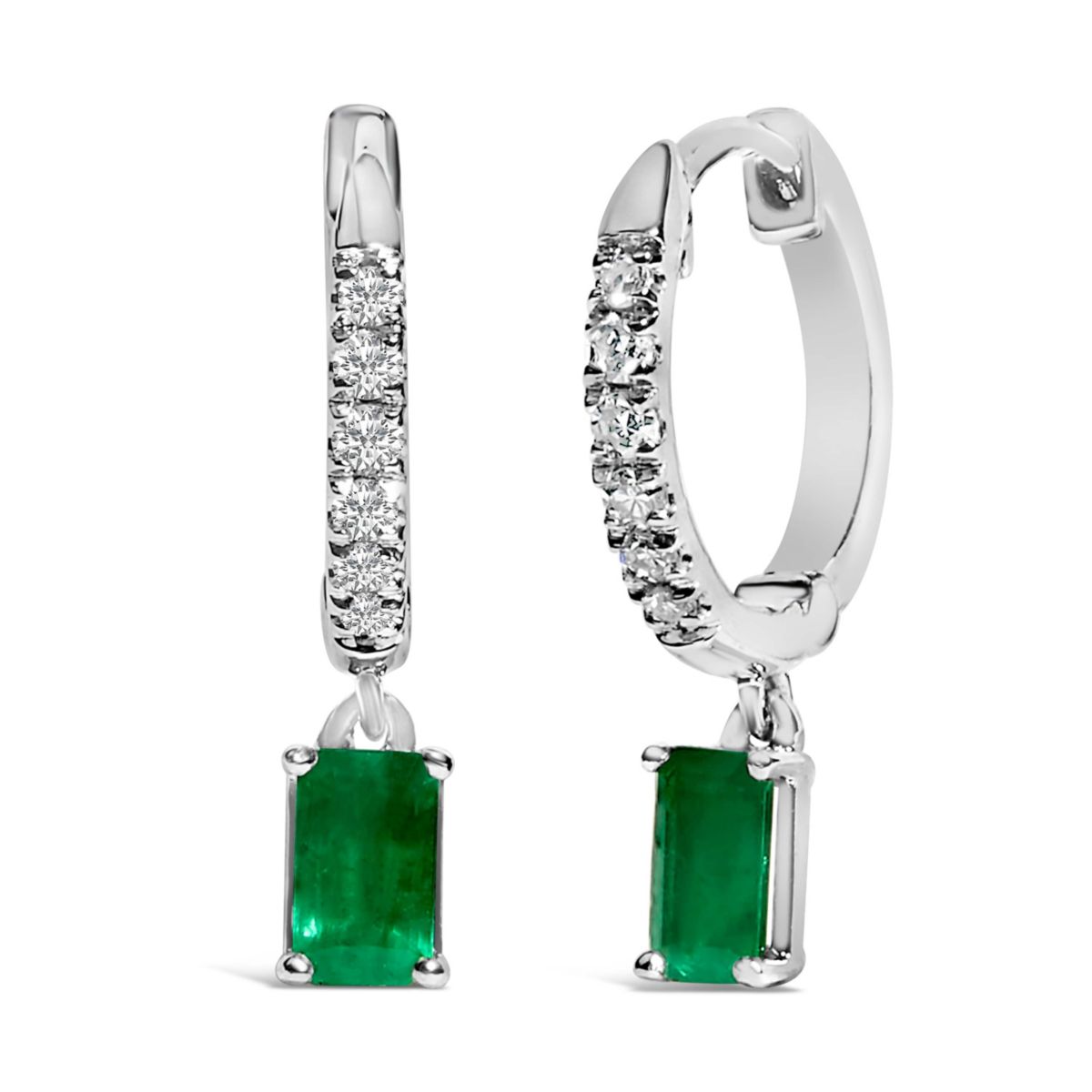10K White Gold Oval Green Emerald and 1/8 Ct Diamond Drop Earrings