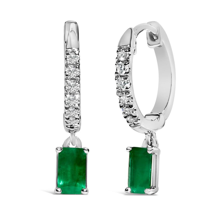 10K White Gold Oval Green Emerald and 1/8 Ct Diamond Drop Earrings