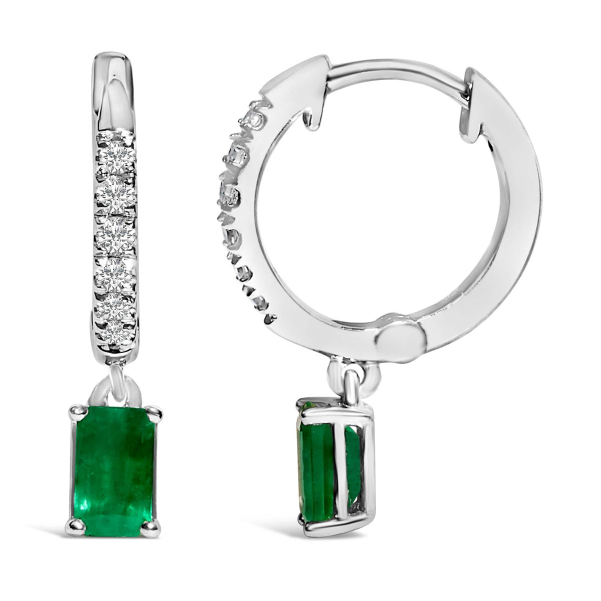 10K White Gold Oval Green Emerald and 1/8 Ct Diamond Drop Earrings
