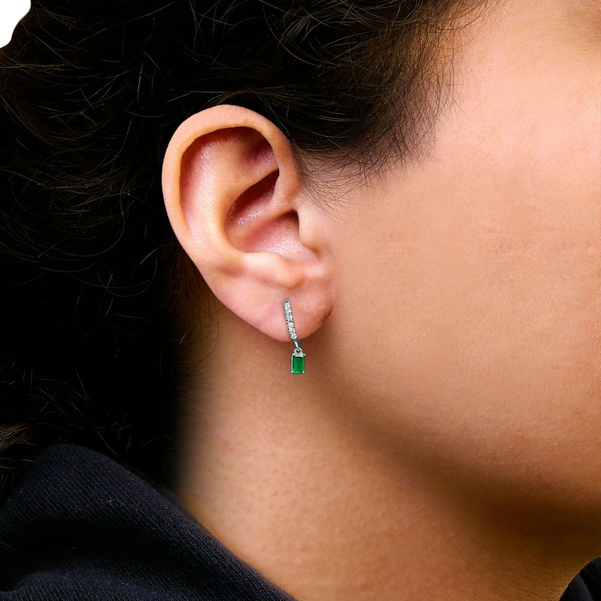 10K White Gold Oval Green Emerald and 1/8 Ct Diamond Drop Earrings