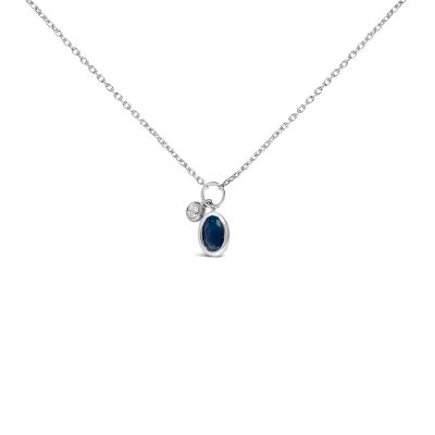 Haus of Brilliance 10K White Gold Oval Blue Sapphire and Diamond Double Charm Pendant Necklace