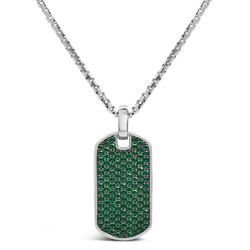 Lab Created Mens Silver Created Green Emerald Dog Tag Pendant Necklace - 22" Inches