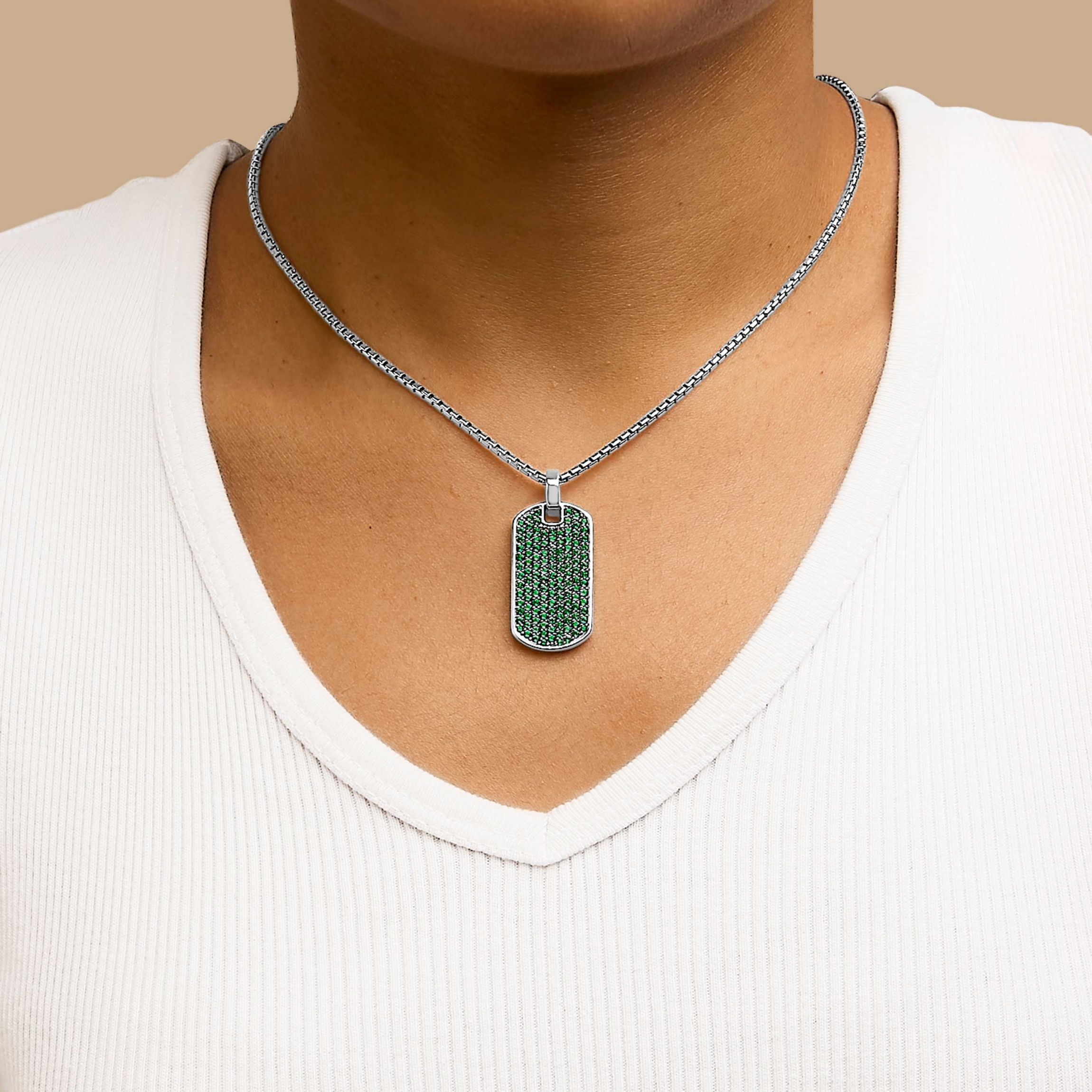 Lab Created Mens Silver Created Green Emerald Dog Tag Pendant Necklace - 22" Inches
