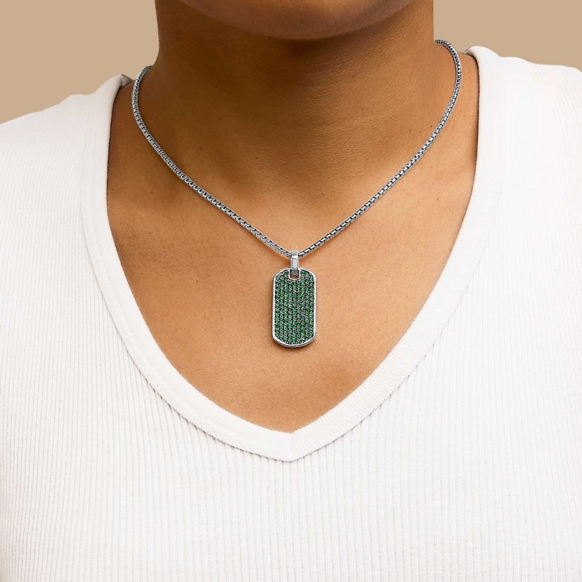 Lab Created Mens Silver Created Green Emerald Dog Tag Pendant Necklace - 22" Inches