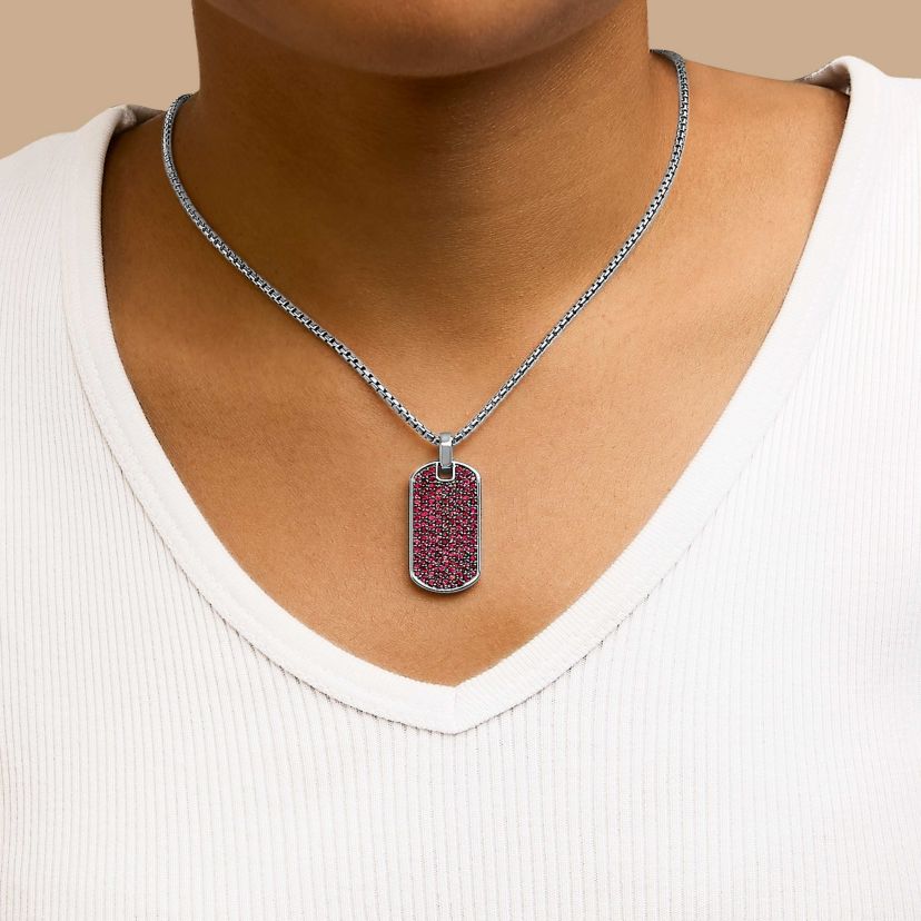 Lab Created Mens .925 Sterling Silver Created Red Ruby Dog Tag Pendant Necklace - 22" Inches