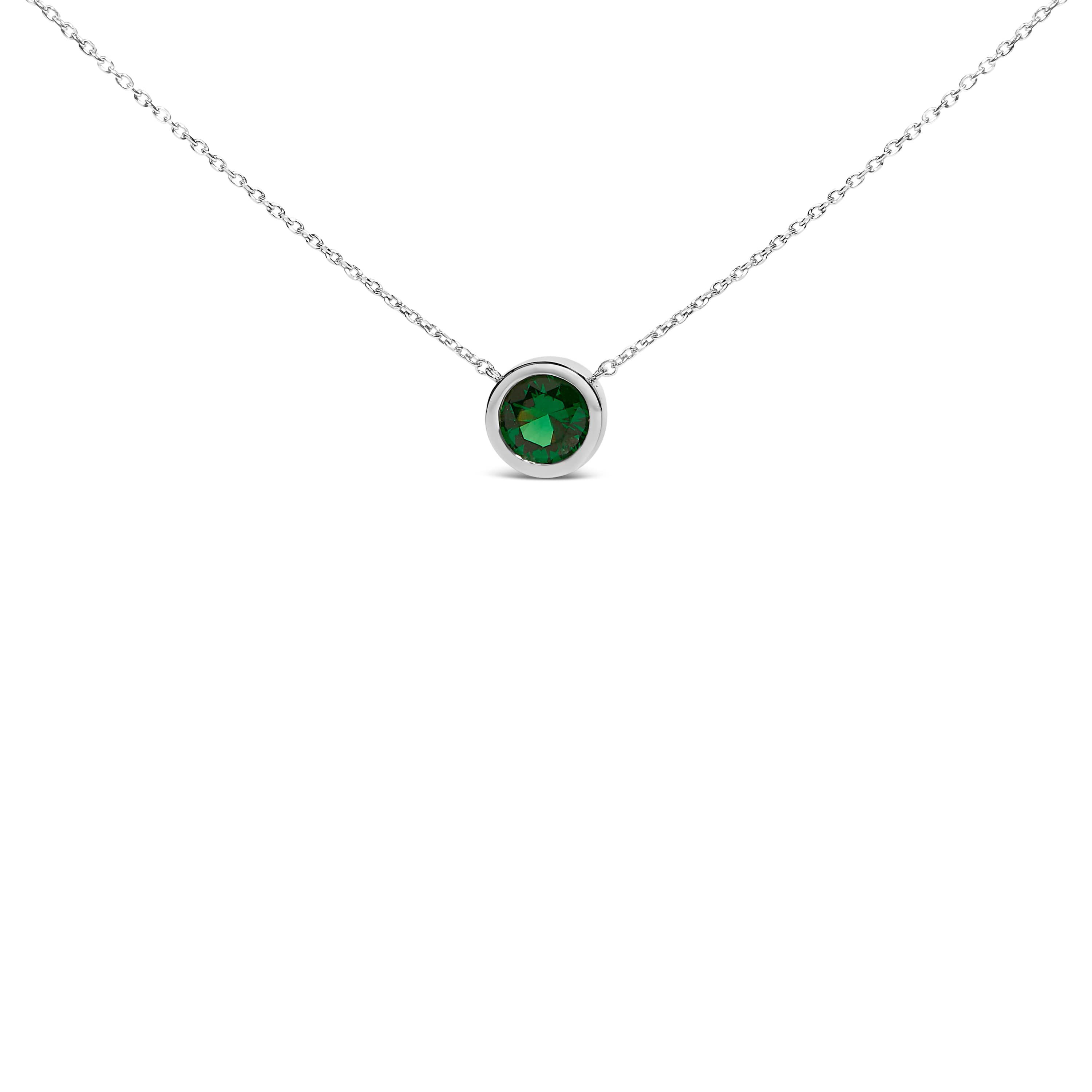 Lab Created Silver 7MM Bezel Set Created Green Emerald Pendant Necklace - 18" Inches