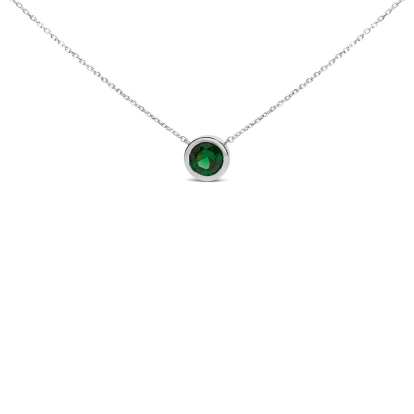 Lab Created Silver 7MM Bezel Set Created Green Emerald Pendant Necklace - 18" Inches