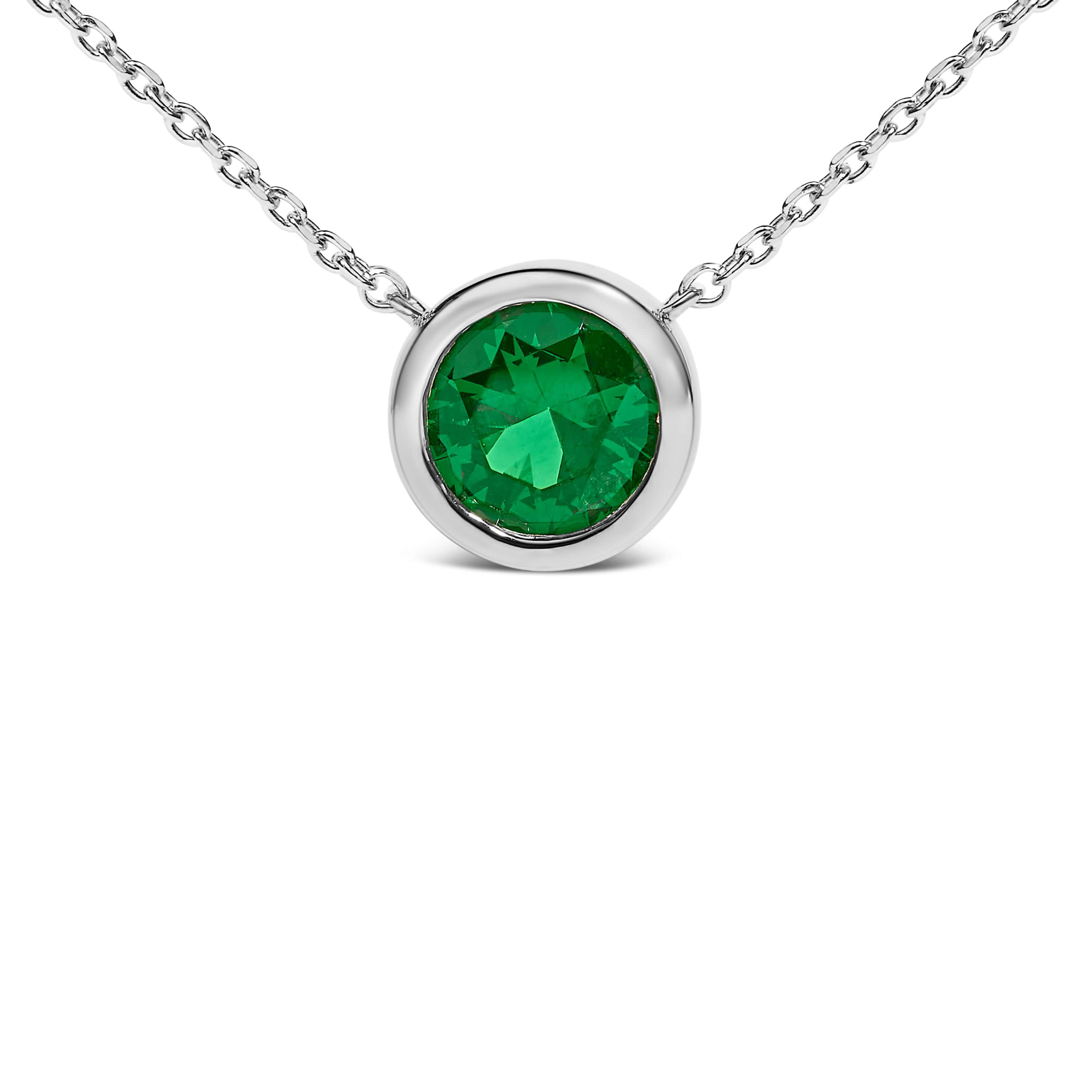 Lab Created Silver 7MM Bezel Set Created Green Emerald Pendant Necklace - 18" Inches