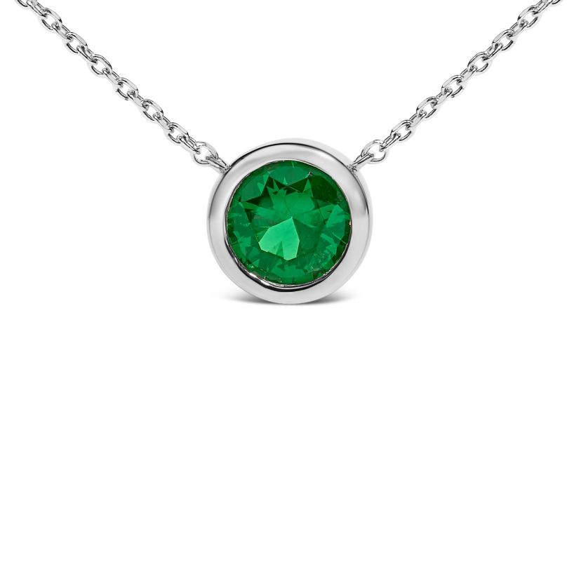 Lab Created Silver 7MM Bezel Set Created Green Emerald Pendant Necklace - 18" Inches