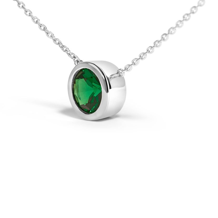 Lab Created Silver 7MM Bezel Set Created Green Emerald Pendant Necklace - 18" Inches