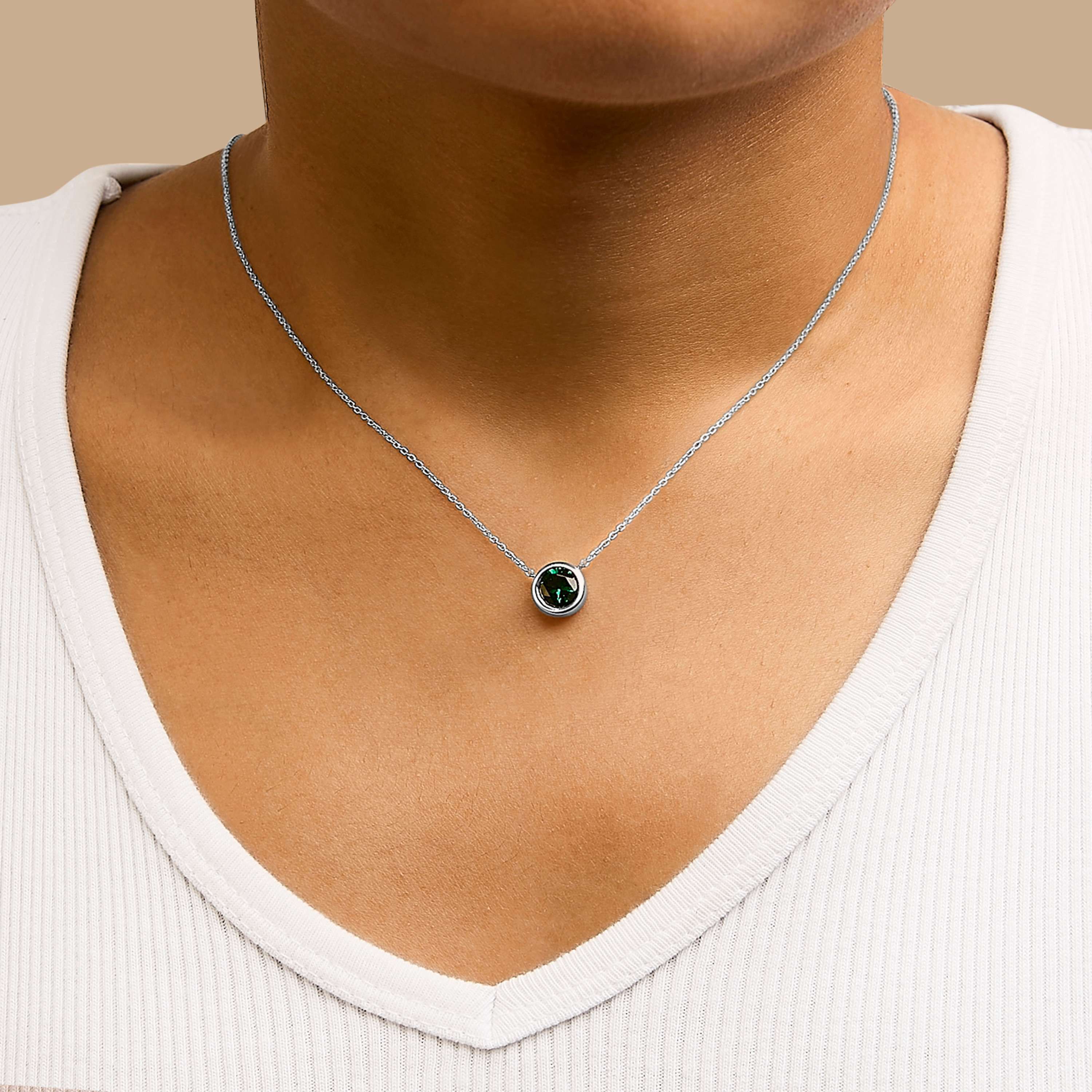 Lab Created Silver 7MM Bezel Set Created Green Emerald Pendant Necklace - 18" Inches