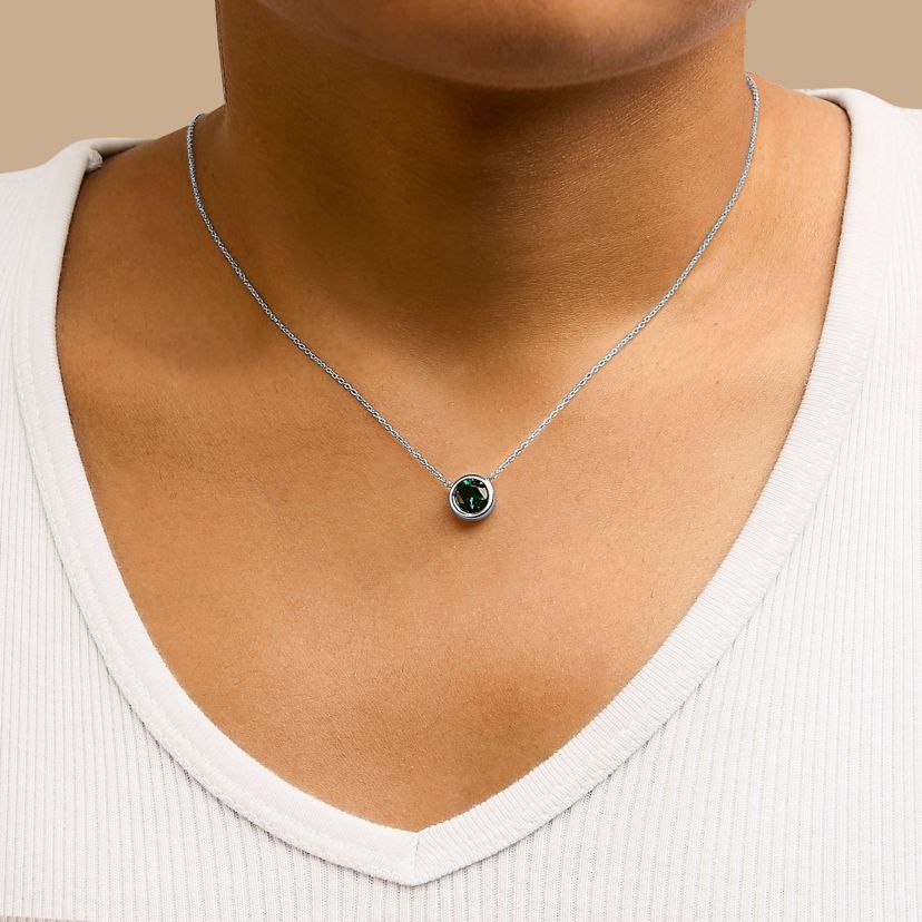 Lab Created Silver 7MM Bezel Set Created Green Emerald Pendant Necklace - 18" Inches