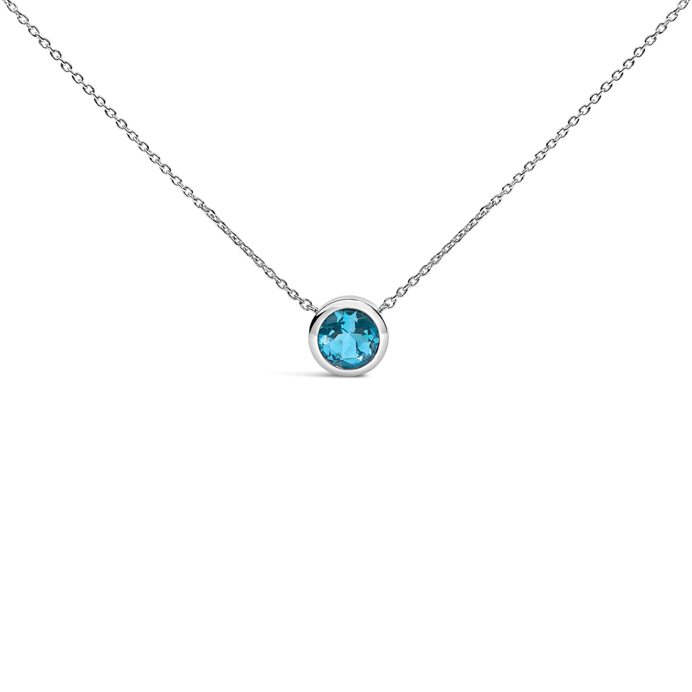 Lab Created .925 Sterling Silver 7MM Bezel Set Created Blue Topaz Pendant Necklace - 18" Inches