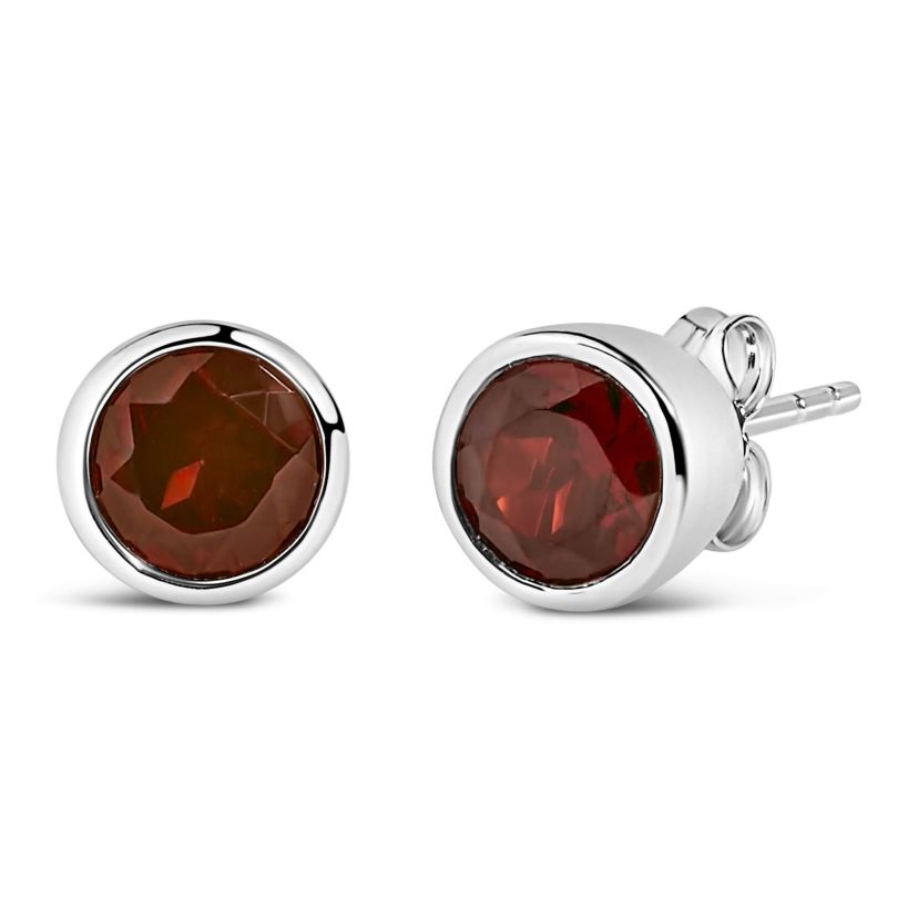 Silver 6MM Bezel Created Red Garnet Solitaire Stud Earrings