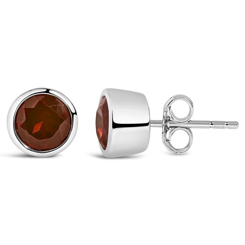Silver 6MM Bezel Created Red Garnet Solitaire Stud Earrings