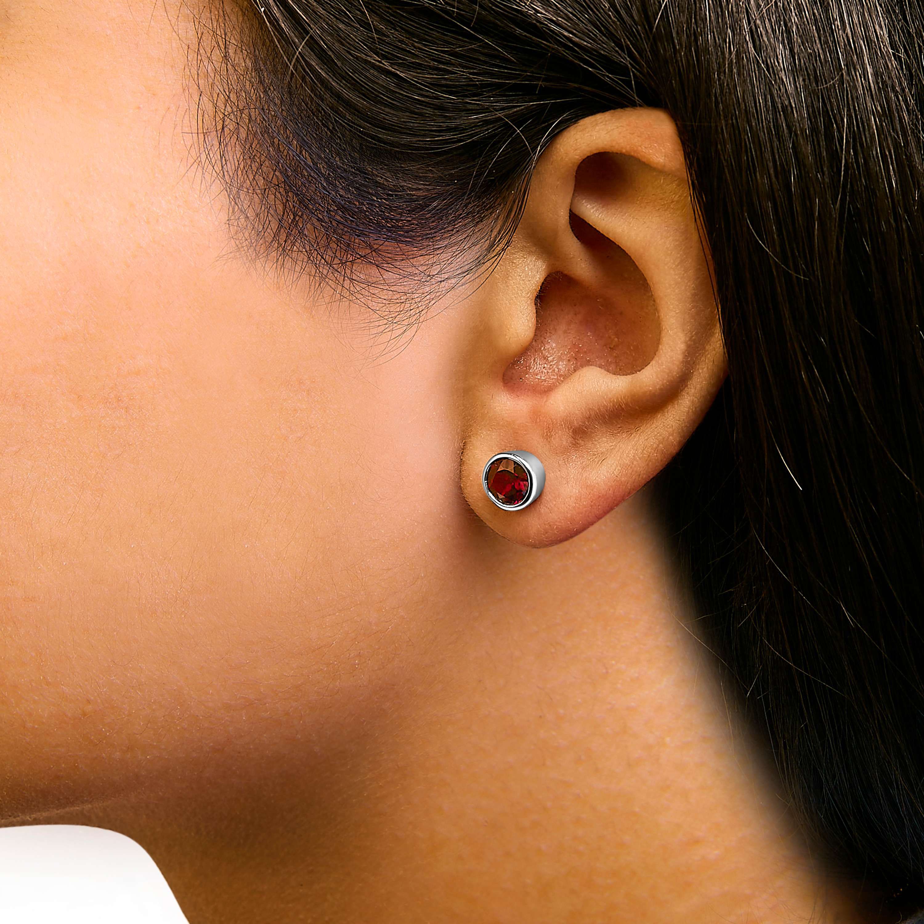Silver 6MM Bezel Created Red Garnet Solitaire Stud Earrings