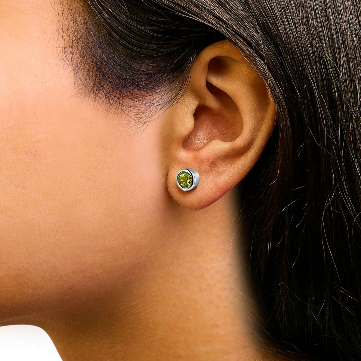 Silver 6MM Bezel Created Green Peridot Solitaire Stud Earrings